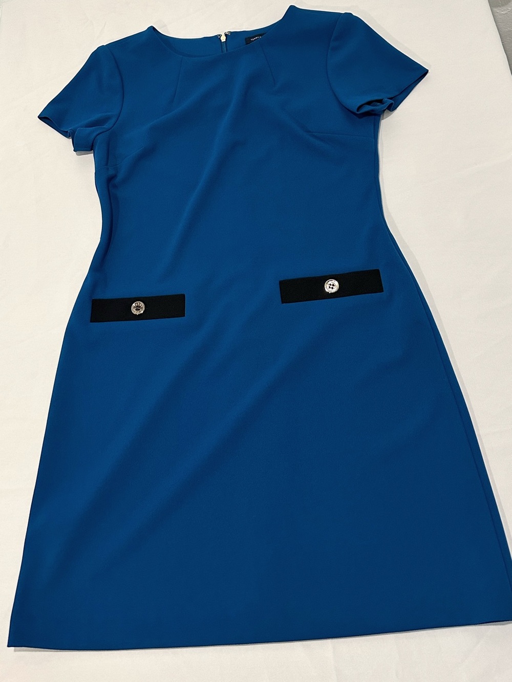 Tommy Hilfiger Teal Blue Short-Sleeve Mini Dress with Black Pocket Trim